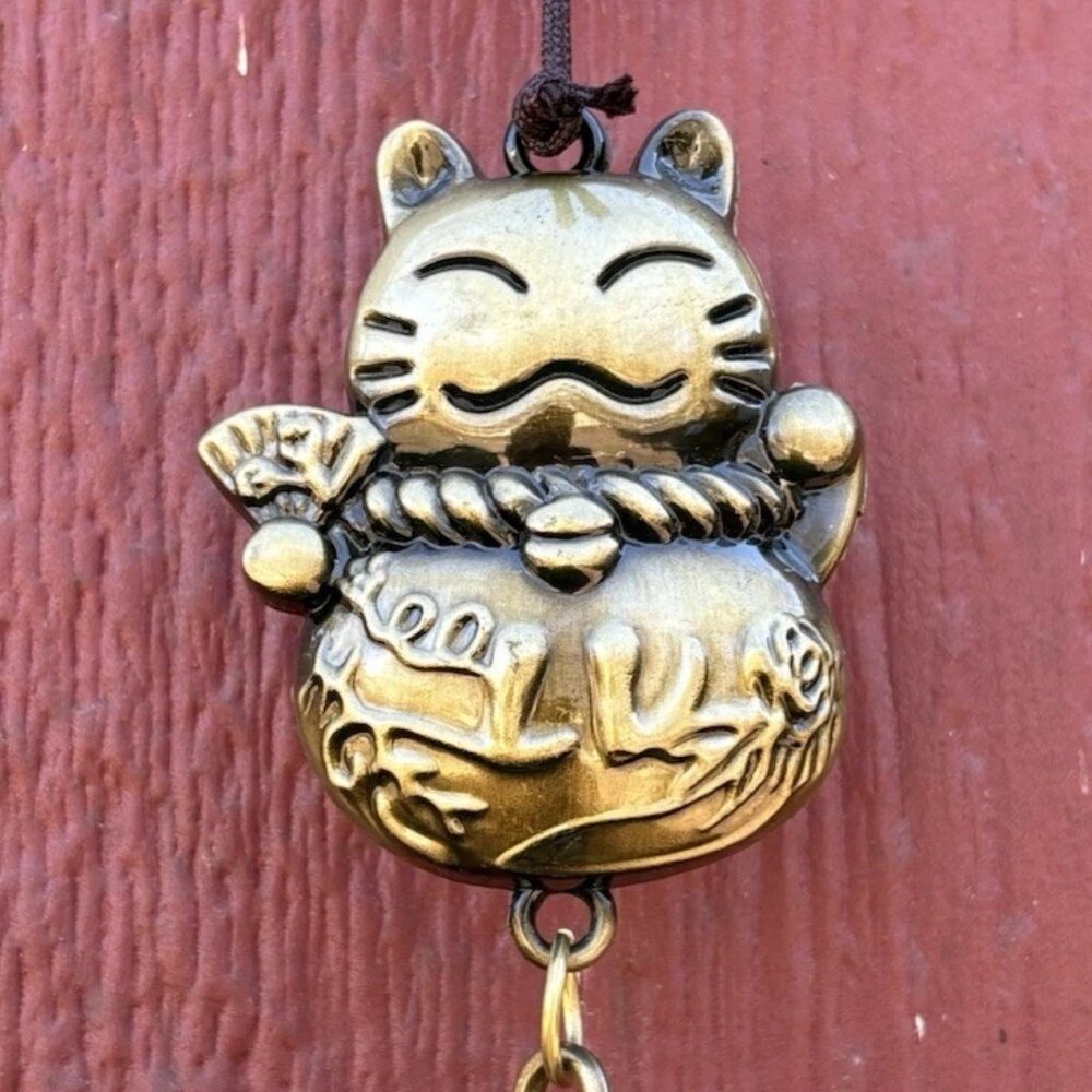 Lucky Cat Japanese Neko Charm Metal Wind Chime Bells  NEW - Picture 2 of 4